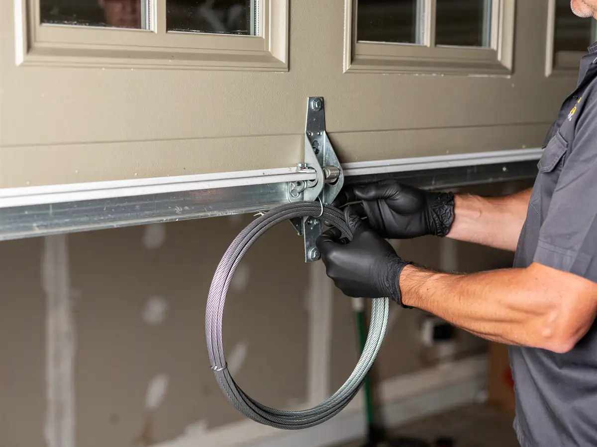 A technician wearing black gloves installs a new cable on a tan garage door.