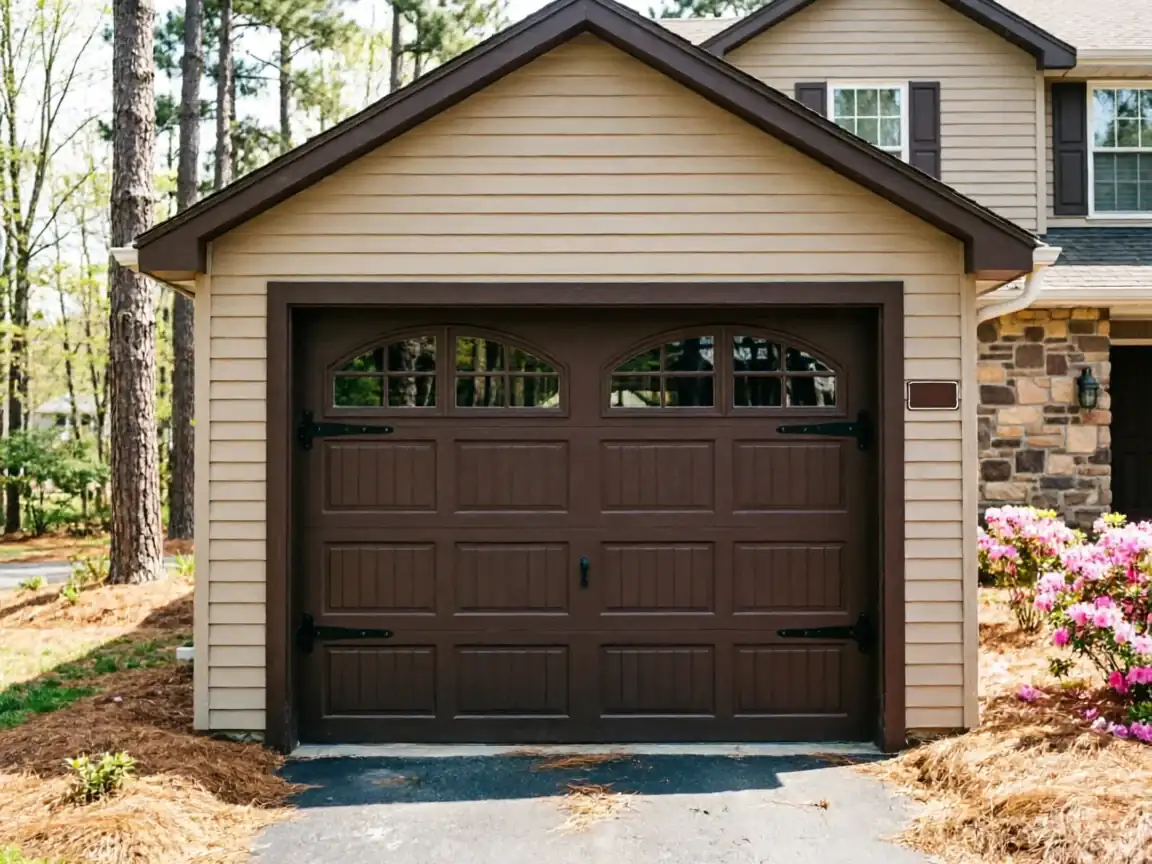A brown garage door with decorative windows and hardware is on a tan house.