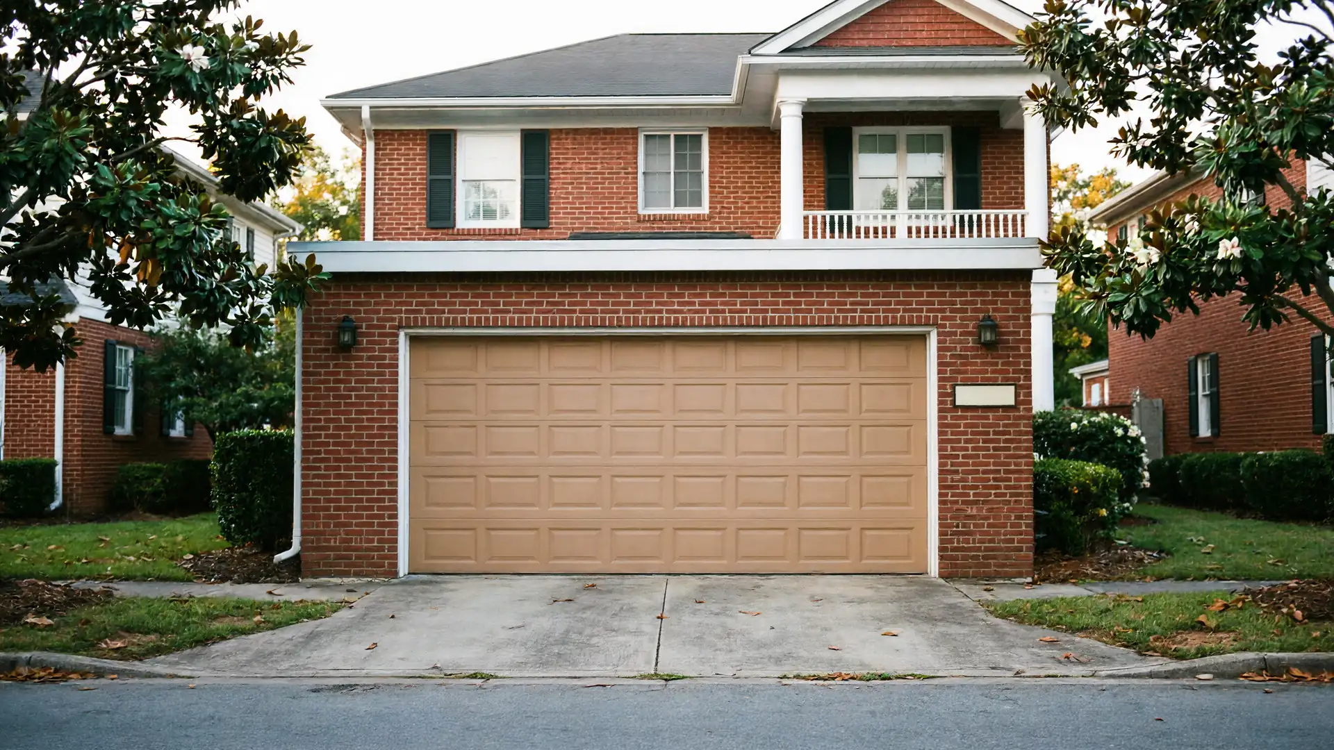 A brick house has a beige garage door and a second-story balcony.
