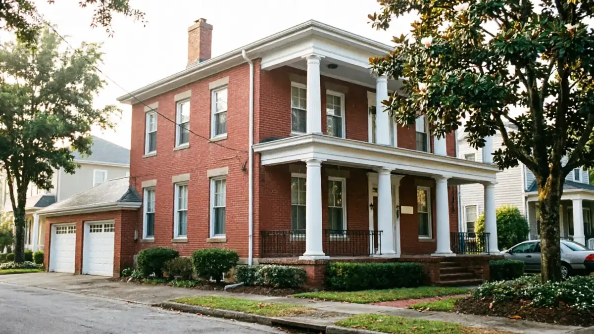 A red brick house with a two-car garage and a white columned porch.