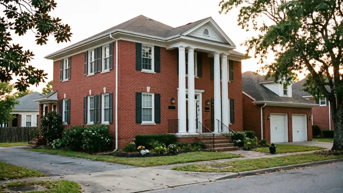 The house is a large red brick building with white columns and two white garage doors.