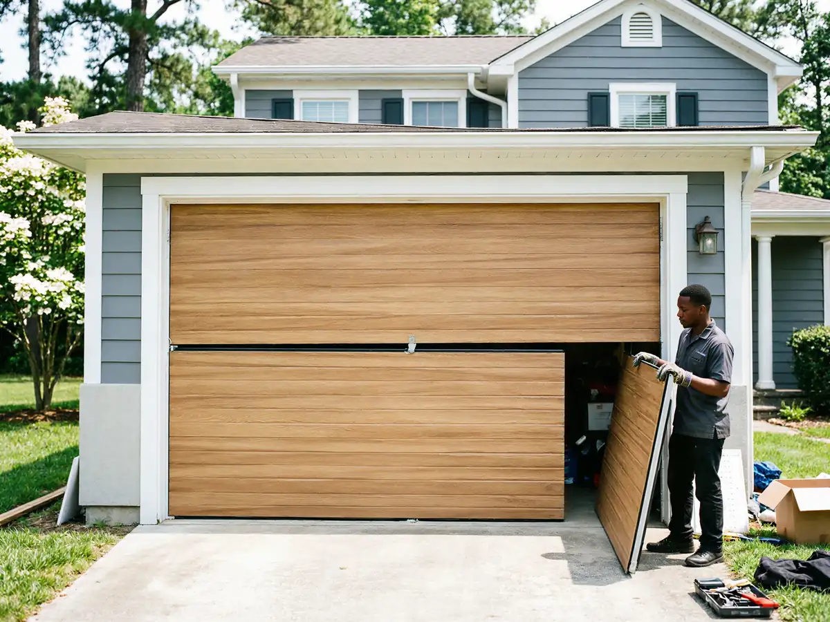 A technician installs a wood-look garage door on a gray house.
