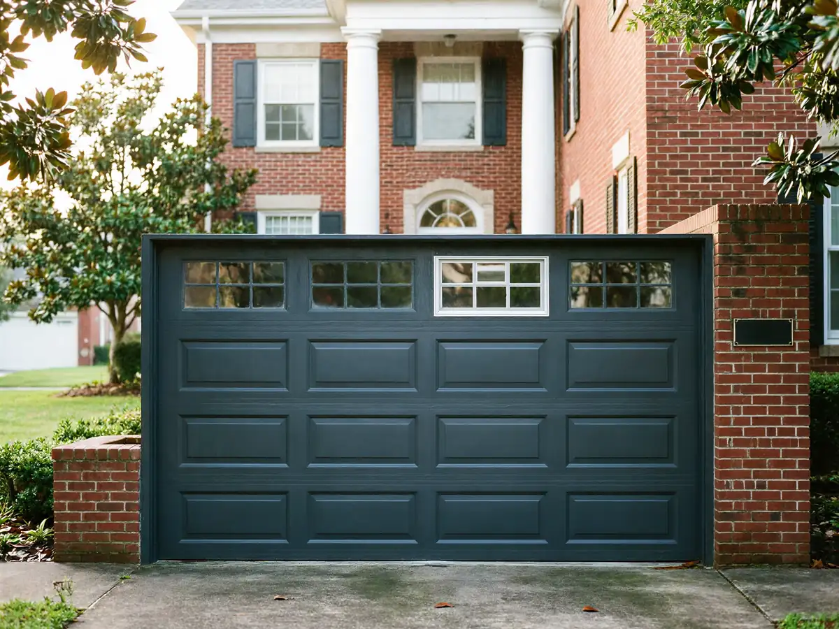 A dark gray garage door with windows is in front of a brick house.