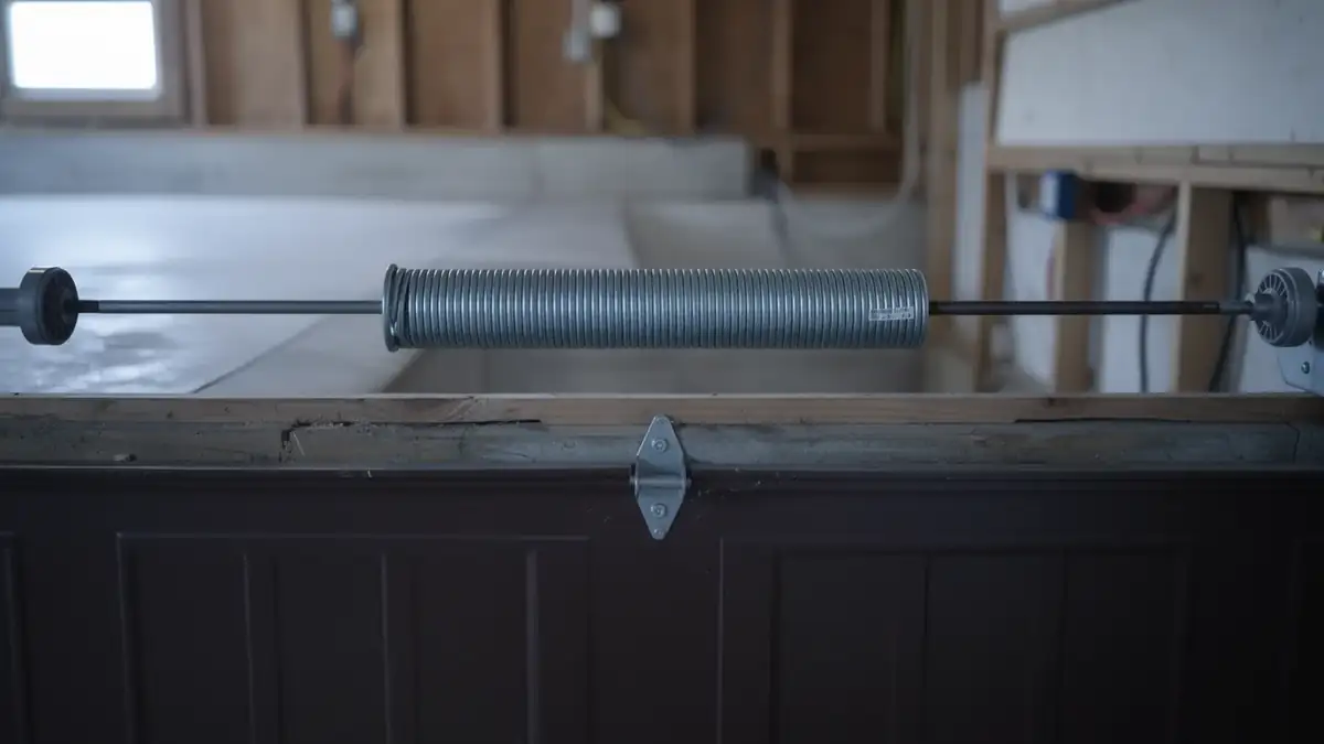 A torsion spring is mounted above a brown garage door.